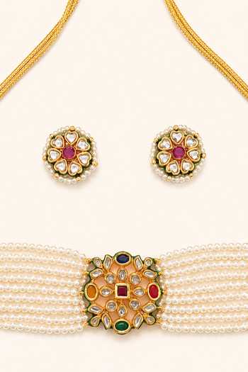 Buy Tad Accessories Multi Color Kundan Brass Necklace And Earrings Set Online at Aza Fashions Buy_Tad Accessories_Multi Color Kundan Brass Necklace And Earrings Set _Online_at_Aza_Fashions