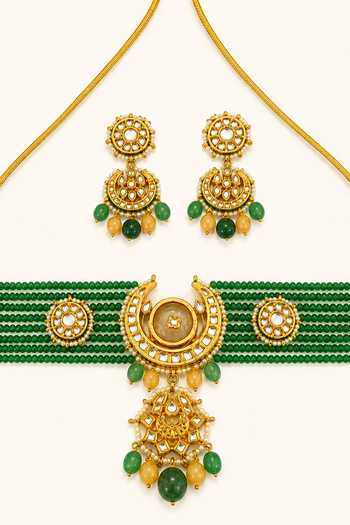 Buy_Tad Accessories_Green Beaded Necklace And Pair Of Earrings Set _Online_at_Aza_Fashions