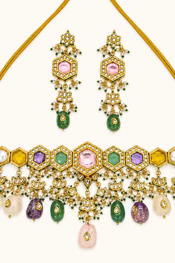 Buy_Tad Accessories_Multi Color Brass Necklace And Pair Of Earrings Set _Online_at_Aza_Fashions