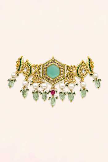 Tad Accessories_Green Imitation Kundan Necklace And Earrings Set _Online_at_Aza_Fashions