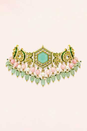 Tad Accessories_Pink Stone Drop Necklace And Earrings Set _Online_at_Aza_Fashions