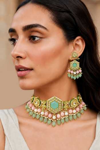 Shop_Tad Accessories_Pink Stone Drop Necklace And Earrings Set _Online_at_Aza_Fashions