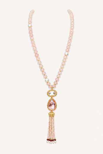 Shop Tad Accessories Pink Brass Crystal Bead Long Necklace at Aza Fashions Shop_Tad Accessories_Pink Brass Crystal Bead Long Necklace _at_Aza_Fashions