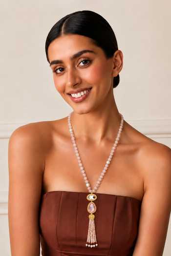 Tad Accessories Pink Brass Crystal Bead Long Necklace Online at Aza Fashions Tad Accessories_Pink Brass Crystal Bead Long Necklace _Online_at_Aza_Fashions