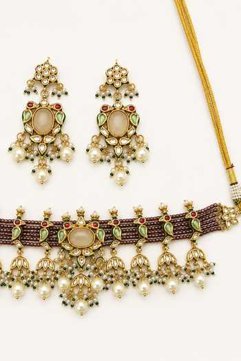 Buy_Tad Accessories_Magenta Brass Necklace And Pair Of Earrings Set _Online_at_Aza_Fashions