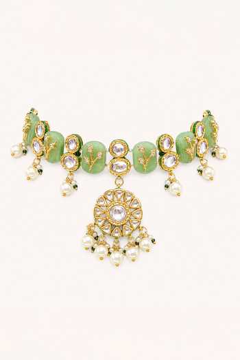 Tad Accessories_Mint Imitation Kundan Necklace And Earrings Set _Online_at_Aza_Fashions