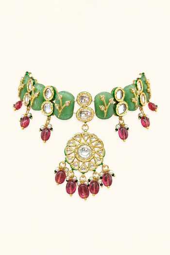 Tad Accessories_Pink Imitation Kundan Necklace And Earring Set _Online_at_Aza_Fashions