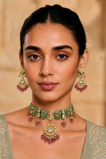 Shop_Tad Accessories_Pink Imitation Kundan Necklace And Earring Set _Online_at_Aza_Fashions