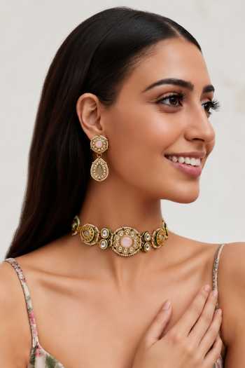 Buy_Tad Accessories_Pink Brass Necklace And Pair Of Earrings Set 