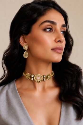 Tad Accessories Brass Necklace & Pair Of Earrings Set 