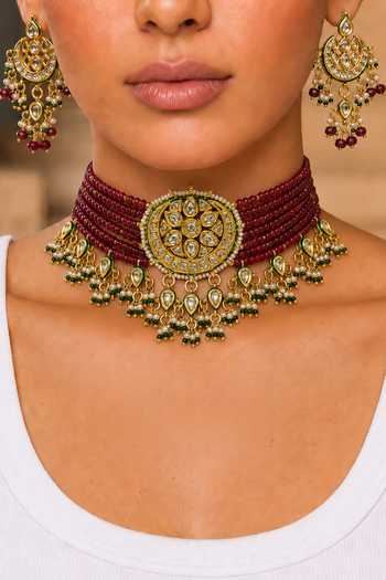 Buy_Tad Accessories_Red Kundan Necklace And Earrings Set _Online_at_Aza_Fashions