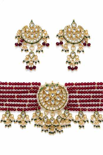 Shop_Tad Accessories_Red Kundan Necklace And Earrings Set _Online_at_Aza_Fashions