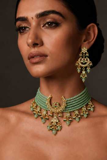 Shop_Tad Accessories_Mint Brass Necklace And Pair Of Earrings Set _Online_at_Aza_Fashions