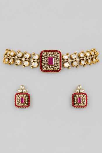 Zevar By Geeta Kundan Polki Two Tone Necklace & Earring Set 