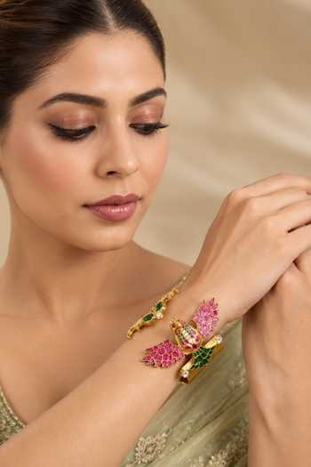 Zevar By Geeta Kundan Polki Multicolor Openable Bird Cuff Bangle 