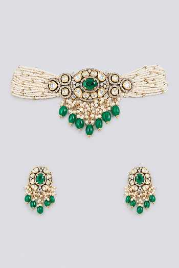 Zevar By Geeta Two Tone Kundan Polki Choker & Earrings Set