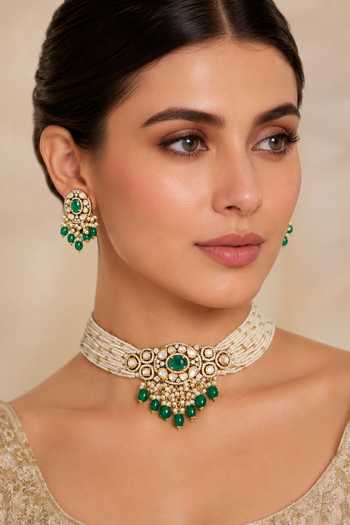 Zevar By Geeta Two Tone Kundan Polki Choker & Earrings Set