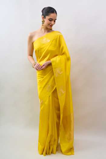 Shop_Mint N Oranges_Yellow Silk Hand Woven Saree With Unstitched Blouse Piece _Online_at_Aza_Fashions