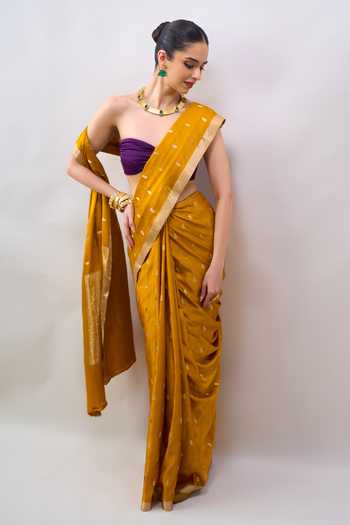Mint N Oranges_Yellow Silk, Satin Handwoven Saree With Unstitched Blouse Piece _at_Aza_Fashions