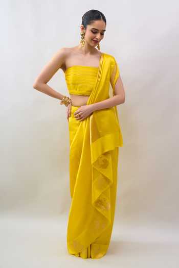 Shop_Mint N Oranges_Yellow Silk Hand Woven Saree With Unstitched Blouse Piece 