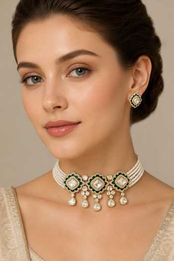 Zevar By Geeta Kundan Polki Necklace & Earrings Set