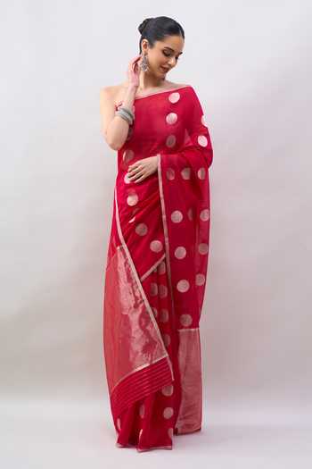 Shop_Mint N Oranges_Red Chanderi Handwoven Saree With Running Blouse _Online_at_Aza_Fashions