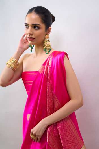 Shop Mint N Oranges Pink Silk Handwoven Banarasi Saree With Unstitched Blouse Piece Online at Aza Fashions Shop_Mint N Oranges_Pink Silk Handwoven Banarasi Saree With Unstitched Blouse Piece _Online_at_Aza_Fashions