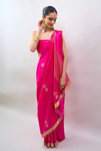 Mint N Oranges Pink Silk Handwoven Banarasi Saree With Unstitched Blouse Piece at Aza Fashions Mint N Oranges_Pink Silk Handwoven Banarasi Saree With Unstitched Blouse Piece _at_Aza_Fashions