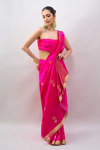Shop Mint N Oranges Pink Silk Handwoven Banarasi Saree With Unstitched Blouse Piece Shop_Mint N Oranges_Pink Silk Handwoven Banarasi Saree With Unstitched Blouse Piece