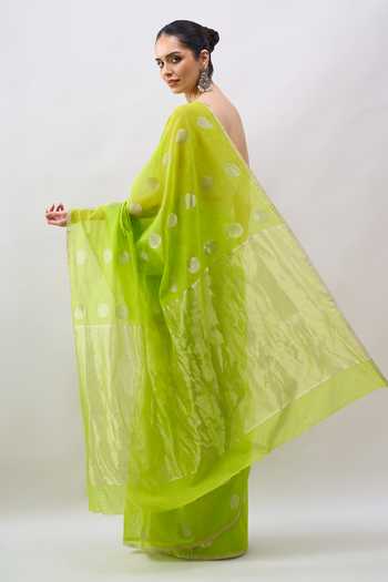 Mint N Oranges Polka Handwoven Saree With Running Blouse 