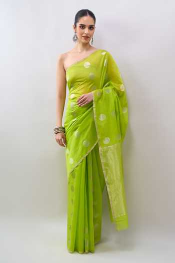 Mint N Oranges_Green Chanderi Polka Handwoven Saree With Running Blouse _Online_at_Aza_Fashions