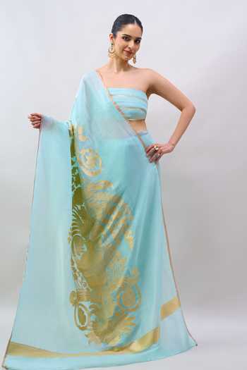 Mint N Oranges Floral Motif Saree With Unstitched Blouse Piece 