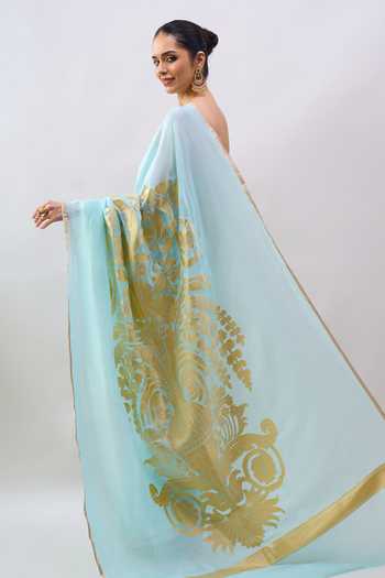 Mint N Oranges Floral Motif Saree With Unstitched Blouse Piece 