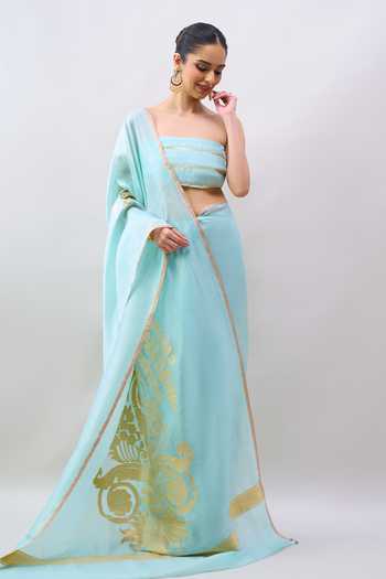 Buy_Mint N Oranges_Blue Silk Floral Motif Saree With Unstitched Blouse Piece _Online_at_Aza_Fashions