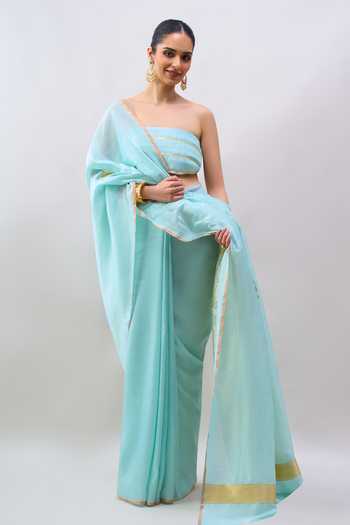 Shop_Mint N Oranges_Blue Silk Floral Motif Saree With Unstitched Blouse Piece _Online_at_Aza_Fashions