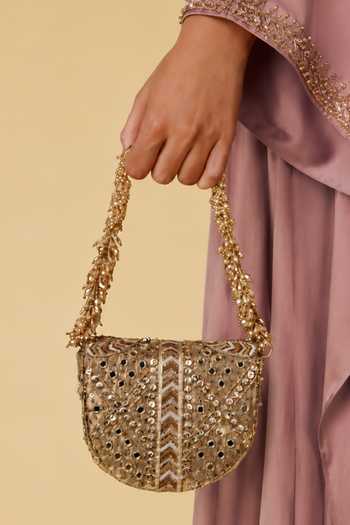 Doux Amour_Gold Rangrez Mini Flapover Clutch _Online_at_Aza_Fashions