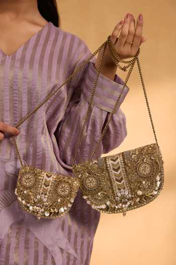 Buy_Doux Amour_Gold Rangrez Mini Flapover Clutch _Online_at_Aza_Fashions