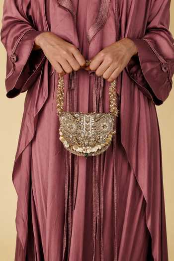 Doux Amour_Gold Rangrez Mini Flapover Clutch _at_Aza_Fashions