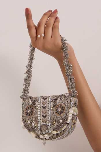 Doux Amour_Silver Rangrez Mini Flapover Clutch _Online_at_Aza_Fashions