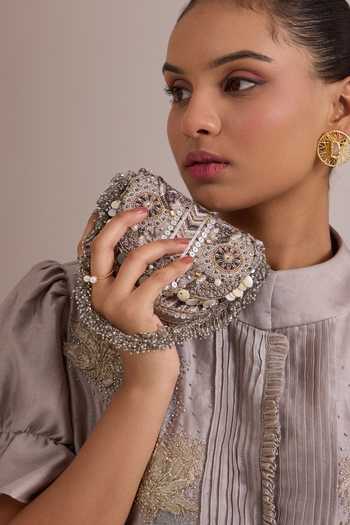 Buy_Doux Amour_Silver Rangrez Mini Flapover Clutch _Online_at_Aza_Fashions