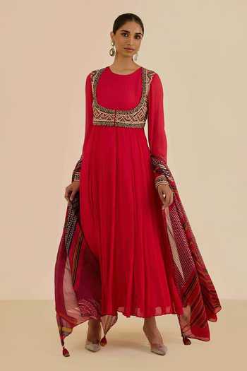 Ritu Kumar Red Full Sleeve Solid Kurta Leggings Set