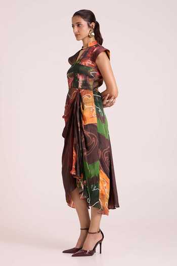 Advait Multi Color Georgette, Satin Split V-neck Ceres Draped Midi Dress Online at Aza Fashions Advait_Multi Color Georgette, Satin Split V-neck Ceres Draped Midi Dress _Online_at_Aza_Fashions