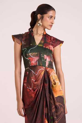 Buy Advait Multi Color Georgette, Satin Split V-neck Ceres Draped Midi Dress Online at Aza Fashions Buy_Advait_Multi Color Georgette, Satin Split V-neck Ceres Draped Midi Dress _Online_at_Aza_Fashions