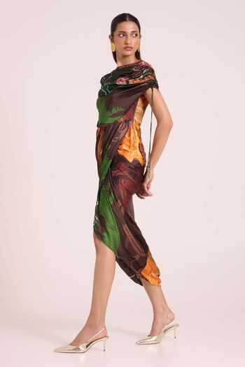 Advait Multi Color Georgette, Satin Ceres Draped Dress With Cape Online at Aza Fashions Advait_Multi Color Georgette, Satin Ceres Draped Dress With Cape _Online_at_Aza_Fashions