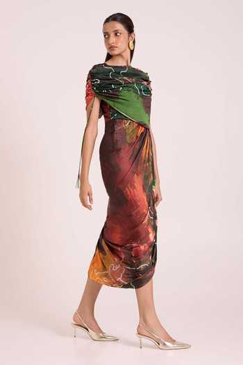 Buy Advait Multi Color Georgette, Satin Ceres Draped Dress With Cape Online at Aza Fashions Buy_Advait_Multi Color Georgette, Satin Ceres Draped Dress With Cape _Online_at_Aza_Fashions