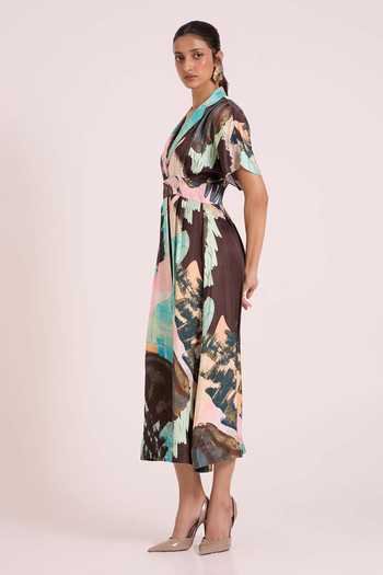 Advait Multi Color Dupion V-, Collared Chione A-line Printed Midi Dress Online at Aza Fashions Advait_Multi Color Dupion V-, Collared Chione A-line Printed Midi Dress _Online_at_Aza_Fashions