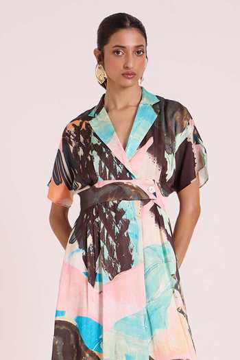 Buy Advait Multi Color Dupion V-, Collared Chione A-line Printed Midi Dress Online at Aza Fashions Buy_Advait_Multi Color Dupion V-, Collared Chione A-line Printed Midi Dress _Online_at_Aza_Fashions