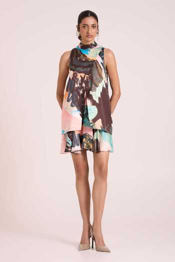 Advait Multi Color Dupion High Neck Chione Short Printed Dress Online at Aza Fashions Advait_Multi Color Dupion High Neck Chione Short Printed Dress _Online_at_Aza_Fashions