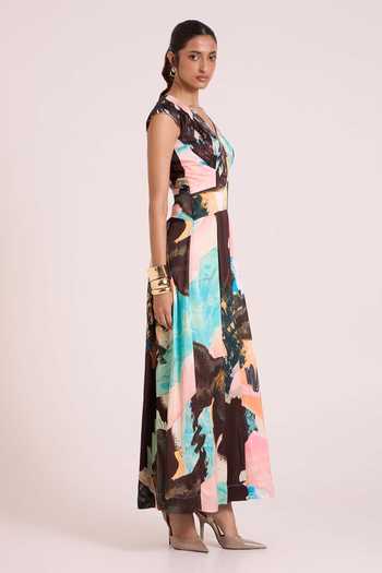 Advait Multi Color Dupion V-neck Chione Sway Flowy Printed Dress Online at Aza Fashions Advait_Multi Color Dupion V-neck Chione Sway Flowy Printed Dress _Online_at_Aza_Fashions