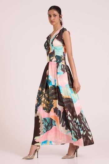 Buy Advait Multi Color Dupion V-neck Chione Sway Flowy Printed Dress Online at Aza Fashions Buy_Advait_Multi Color Dupion V-neck Chione Sway Flowy Printed Dress _Online_at_Aza_Fashions